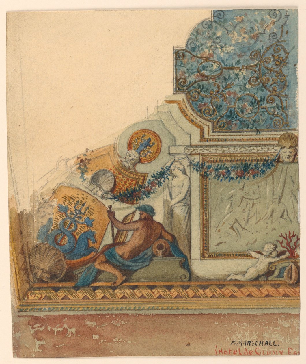 Piirros, kattokulman yksityiskohta, Hotel de Cluny, Pariisi, n. 1885. tekijältä Unknown artistUnknown artist
