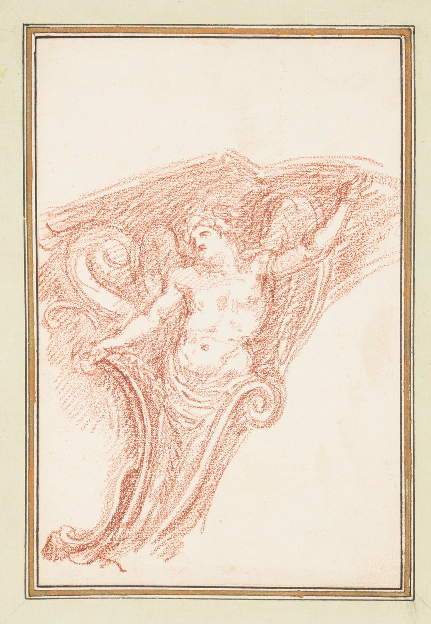 Piirros, kulman yksityiskohta, jossa on osittain alaston mieshahmo, n. 1759-70. tekijältä Unknown artistUnknown artist