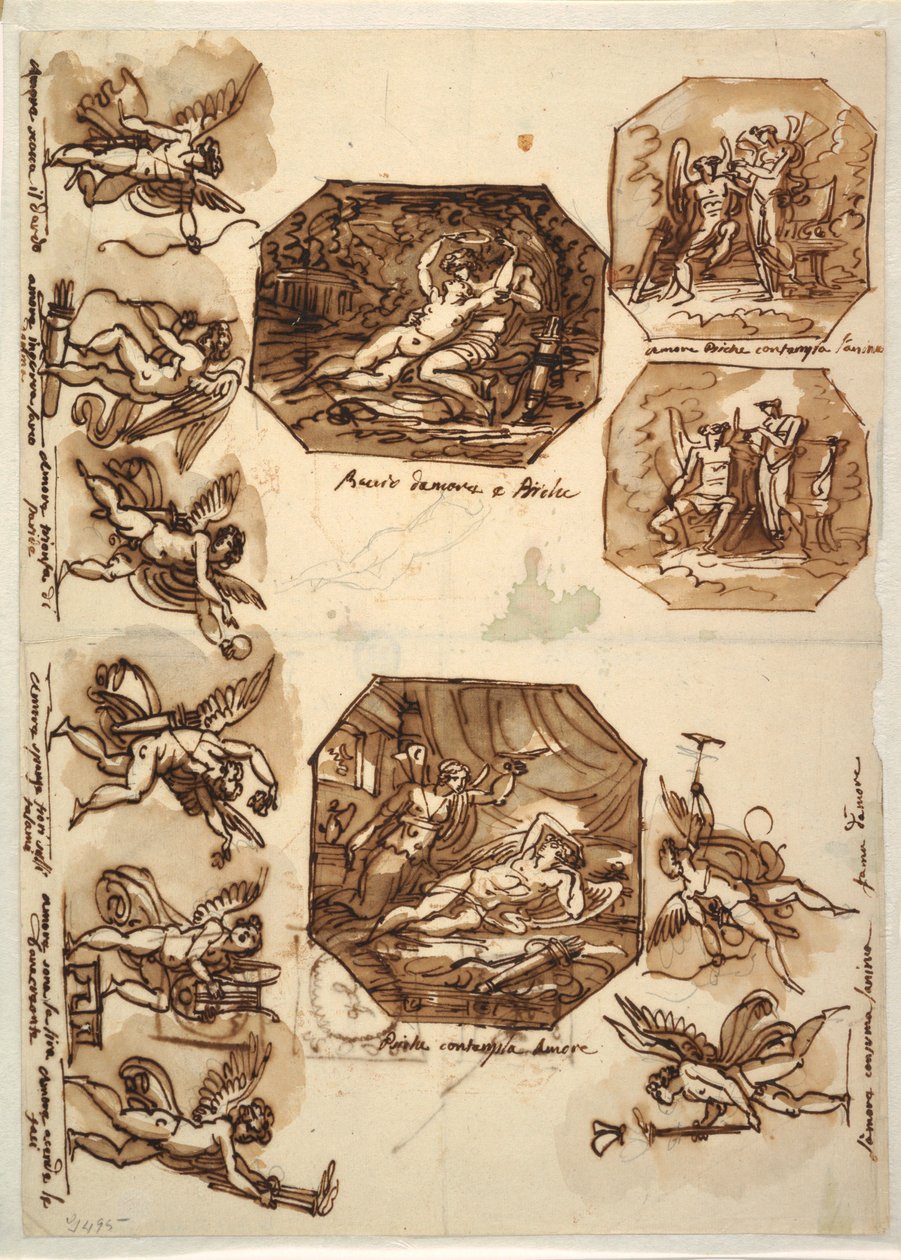 Piirustus, Amor ja Psyche: Cupido, 1810-15: Neljä oktagonia ja kahdeksan piirrosta, 1810-15. tekijältä Unknown artistUnknown artist