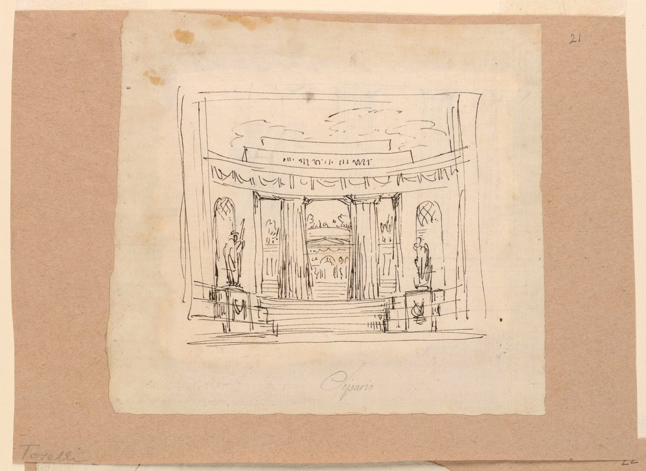 Piirustus, verhosuunnittelu, kaareva portti Antiikkiarkkitehtuuri, 1800-luvun alku tekijältä Unknown artistUnknown artist