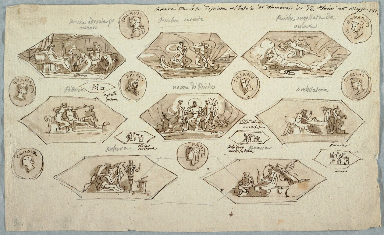 Piirustus, Makuuhuoneen katon koristelu Villa Aldinissa, Montmorency, 1813. tekijältä Unknown artistUnknown artist
