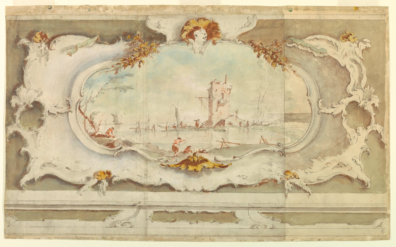 Piirustus, koristeellinen kartuski maisemakuvioineen, n. 1770. tekijältä Unknown artistUnknown artist