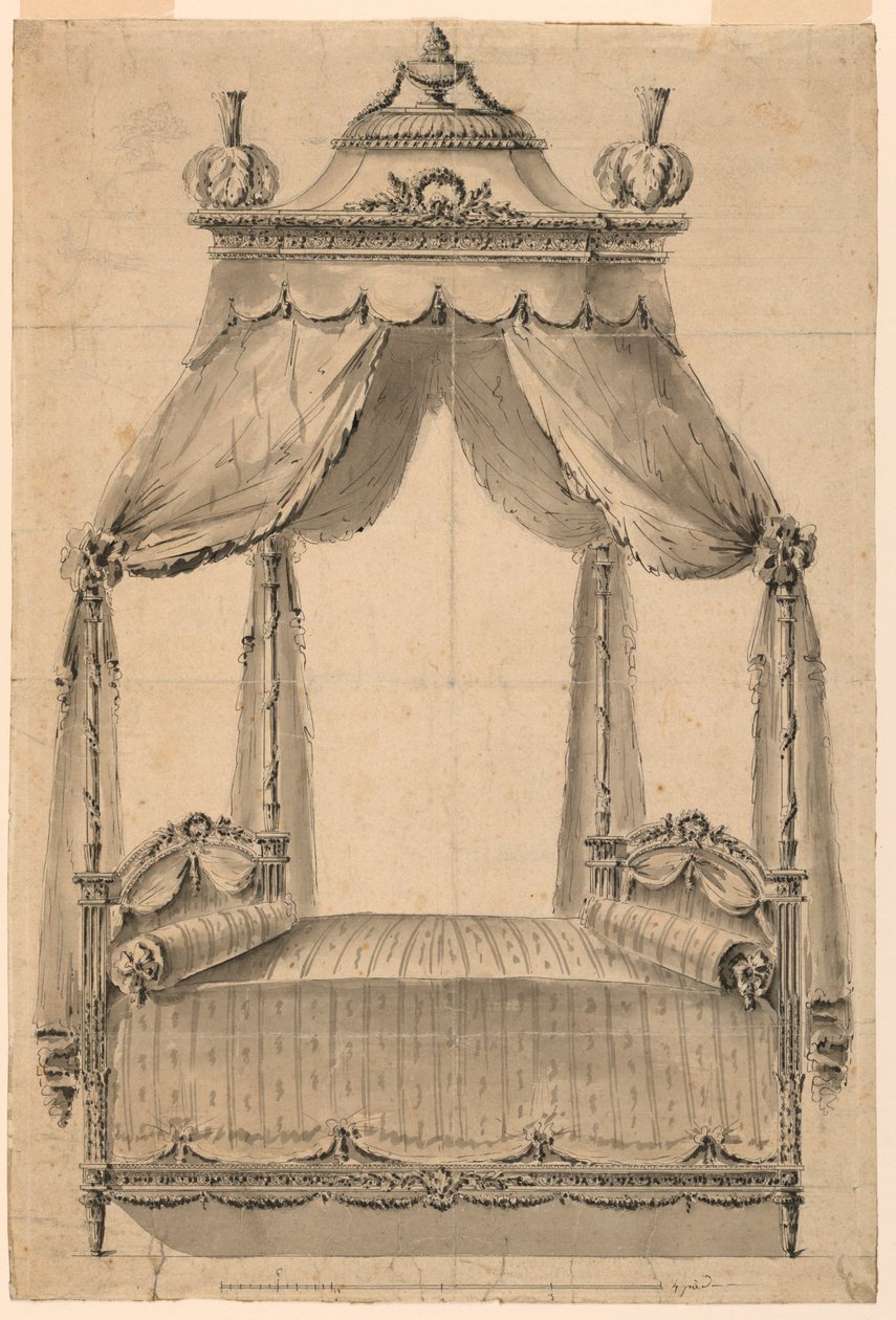 Piirustus, sängyn malli, n. 1785. tekijältä Unknown artistUnknown artist