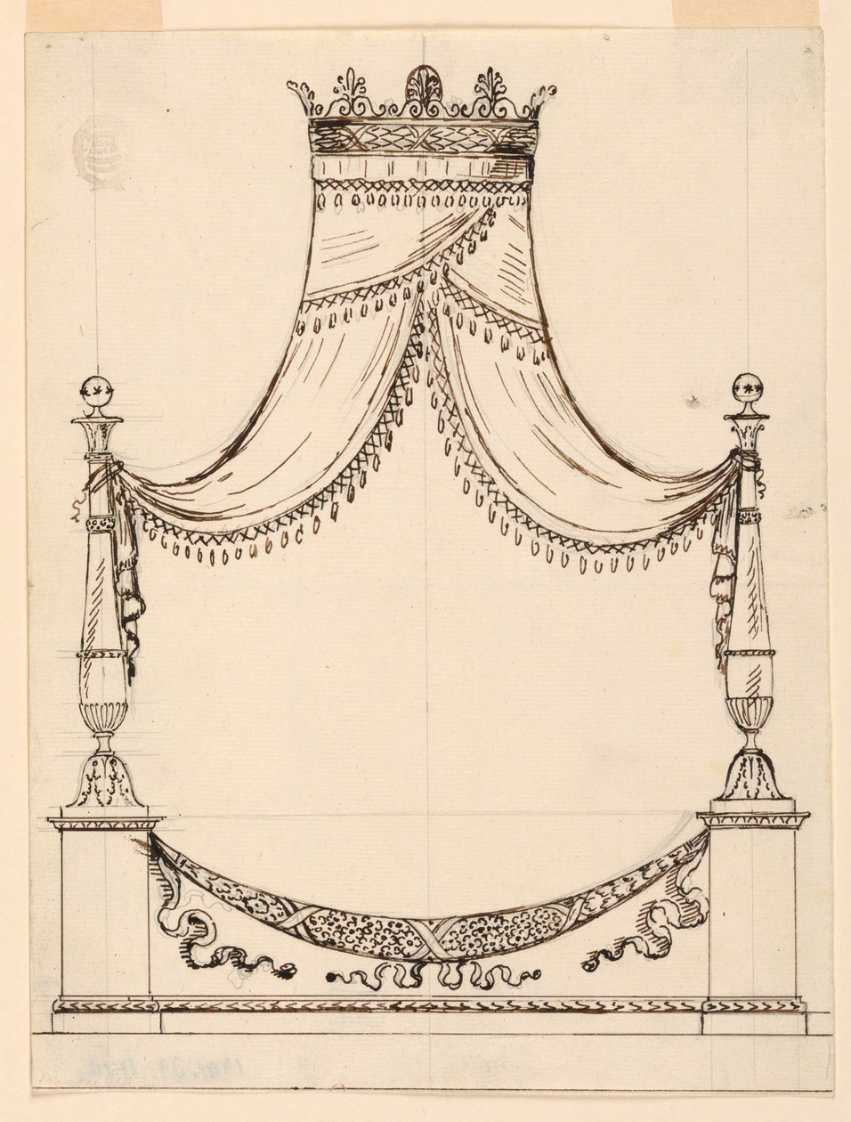 Piirustus, sängyn malli, n. 1800. tekijältä Unknown artistUnknown artist