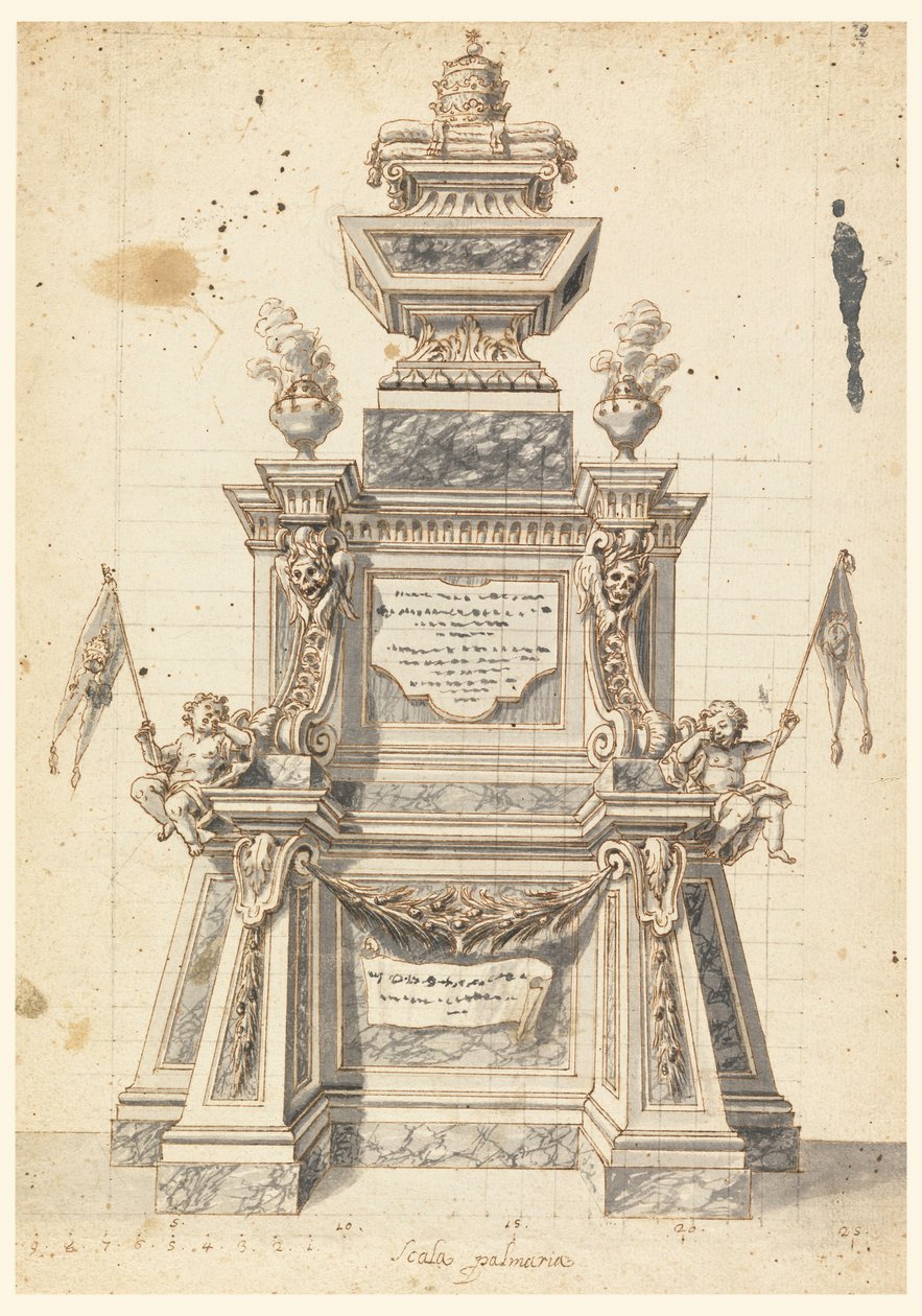 Piirustus, Katafalkin luonnos paavin, luultavasti Klemens XI:n, muistotilaisuuteen, 1721. tekijältä Unknown artistUnknown artist