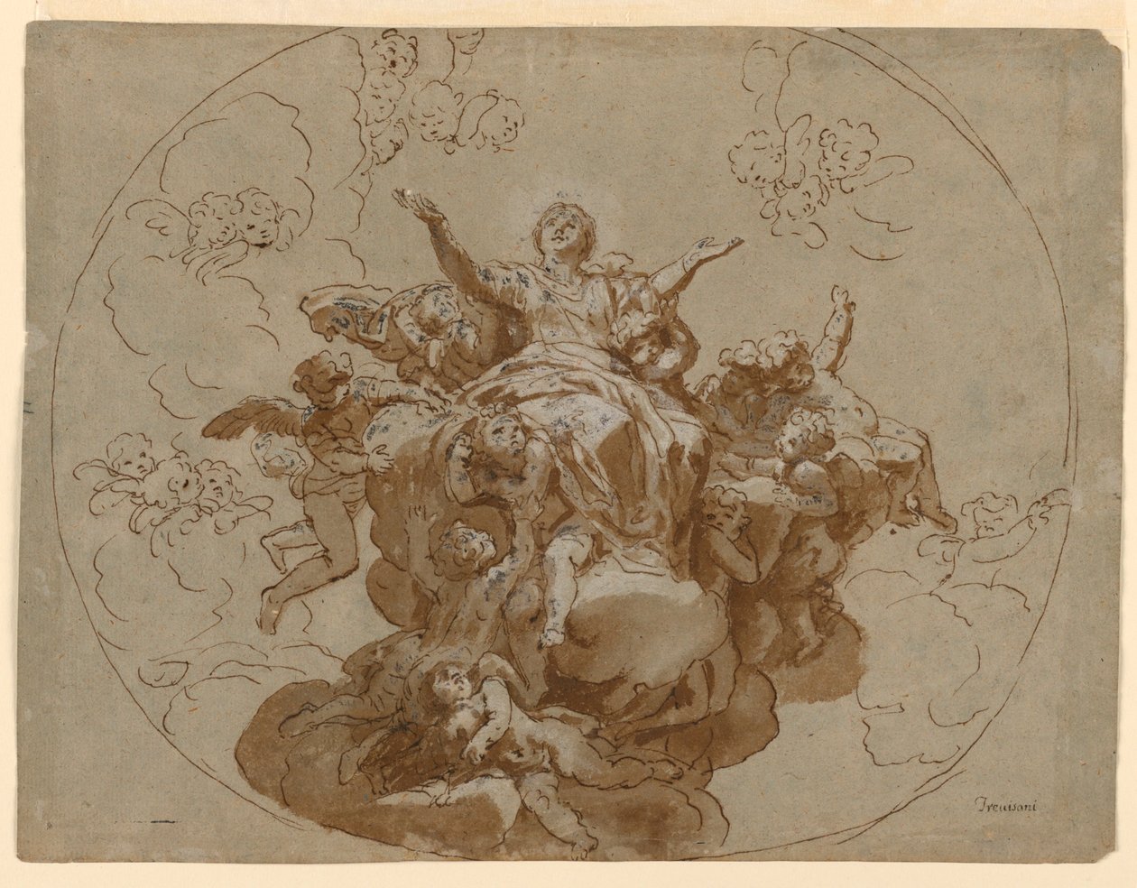 Piirustus, Neitsyt Marian taivaaseen astumista esittävä kattosuunnitelma, 1700-1730. tekijältä Unknown artistUnknown artist