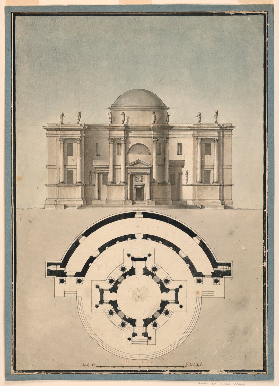 Piirustus, Suunnitelma klassisesta temppelistä, jossa on Tempietto ja puoliympyrän muotoinen aedicula, n. 1780. tekijältä Unknown artistUnknown artist