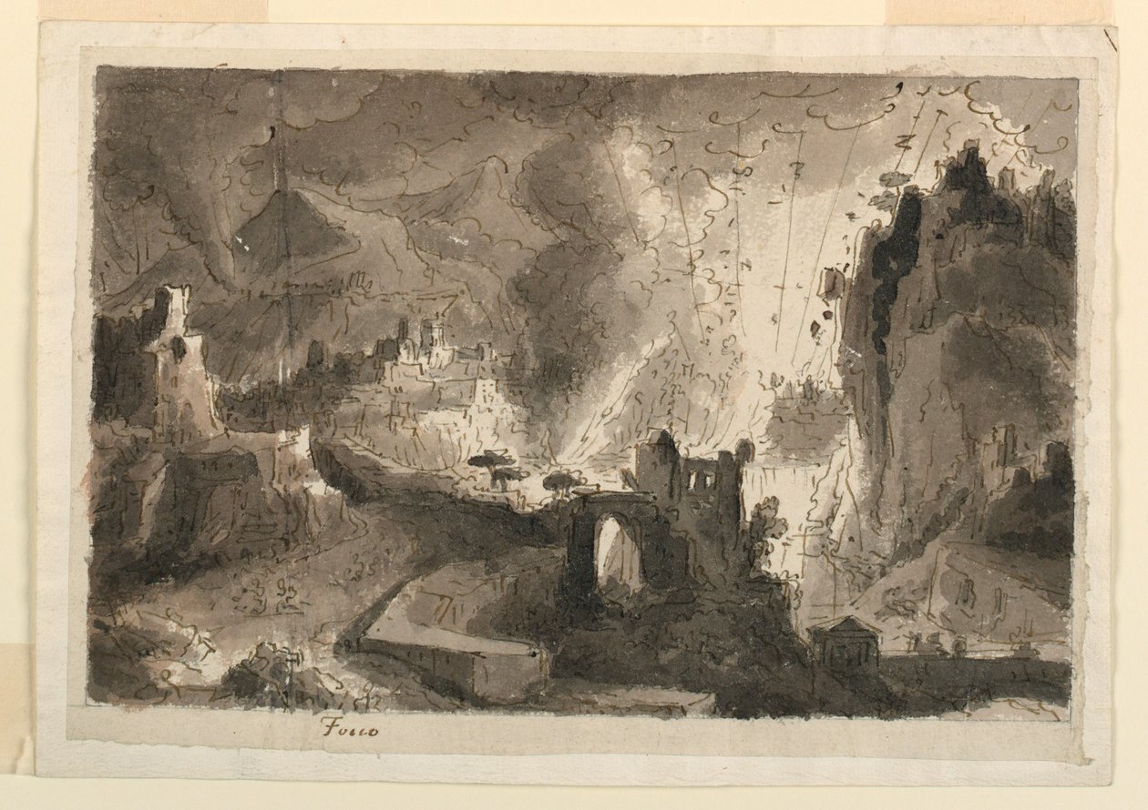 Piirustus, näyttämösuunnitelma, kaupungin polttaminen, n. 1810-20 tekijältä Unknown artistUnknown artist