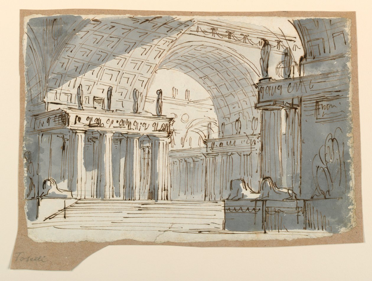 Piirustus, näyttämösuunnitelma, holvattu klassinen rakennus, n. 1800. tekijältä Unknown artistUnknown artist