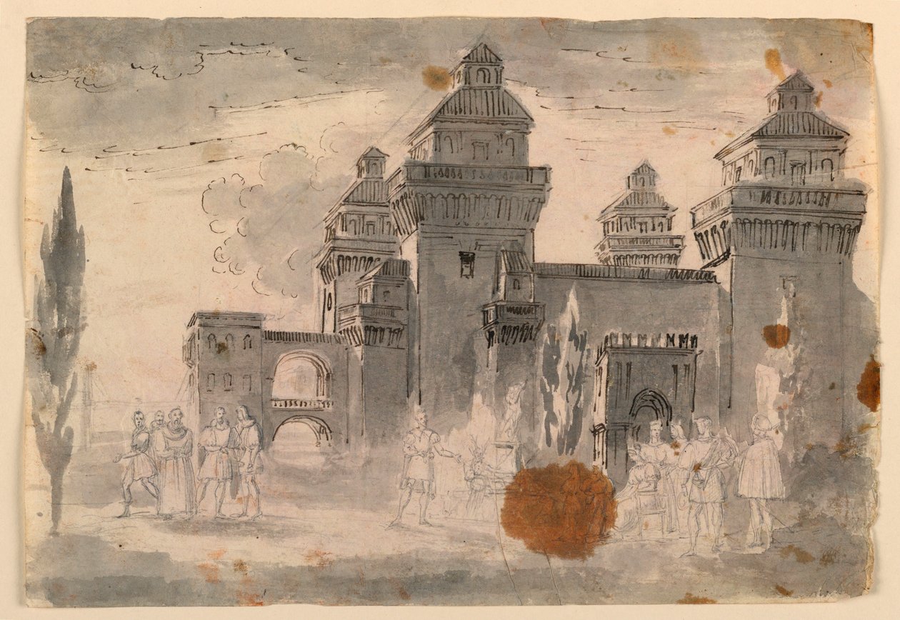 Piirustus, näyttämösuunnitelma, näkymä linnaan, 1810-1820 tekijältä Unknown artistUnknown artist