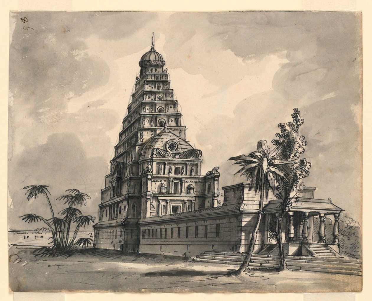 Piirustus, näyttämösuunnitelma, näkymä intialaiseen temppeliin, 1800-luvun alku tekijältä Unknown artistUnknown artist