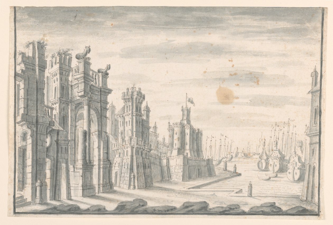 Piirustus, näyttämö, näkymä kaupunkiin ja satamaan, 1700-luvun alku tekijältä Unknown artistUnknown artist