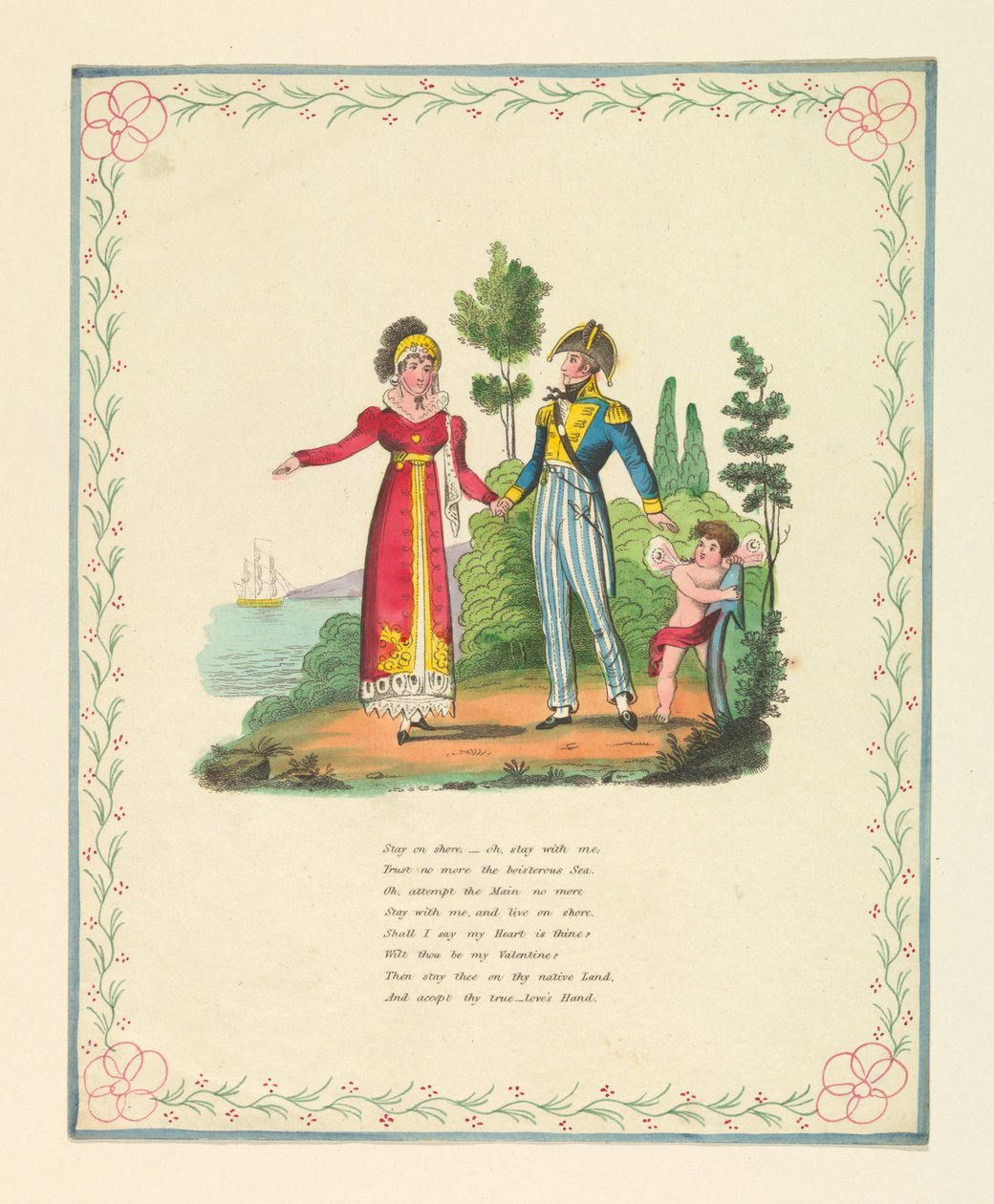 Tervehdyskortti, "Pysy rannalla, - oi, pysy luonani...", n. 1821. tekijältä Unknown artistUnknown artist