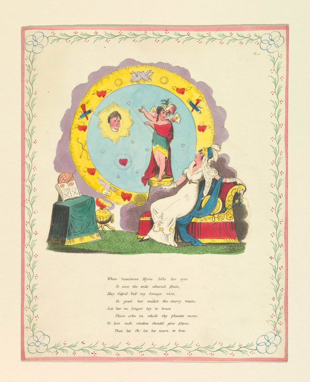 Tervehdyskortti, "Kun kaunis Myra...nostaa silmänsä...", n. 1822. tekijältä Unknown artistUnknown artist