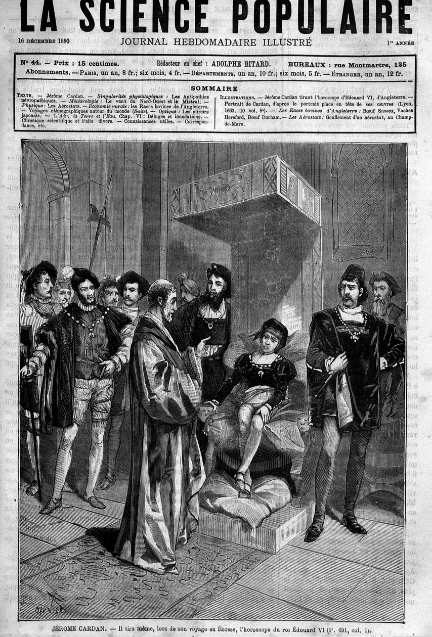 (Cardanus Hieronymus) Gerolamo Cardano (Jerome Cardan), italialainen lääkäri, matemaatikko ja filosofi (1501-1576), esittelee Englannin kuninkaan Edward VI:n horoskoopin. lehdessä "Popular Science", 16. joulukuuta tekijältä Unknown artist
