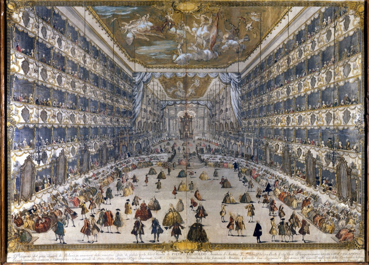 (Theatre Regio Ducal Milanossa) Teatro regio Ducale Milanossa (muuttuu tulipalon jälkeen Teatro alla Scalaksi): Itävallan arkkiherttua Peter Leopoldin ja sitten Itävallan keisarin (1747-1792) Leopold II:n syntymäjuhla. 28.5.1747. tekijältä Unknown artist