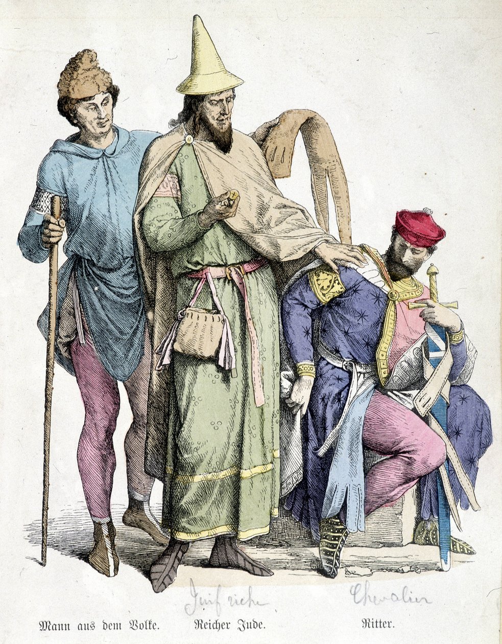 1000-luvun puvut: Mies kepillä, rikas juutalainen ja ritari. Kaiverrus 1800-luvulta. tekijältä Unknown artist