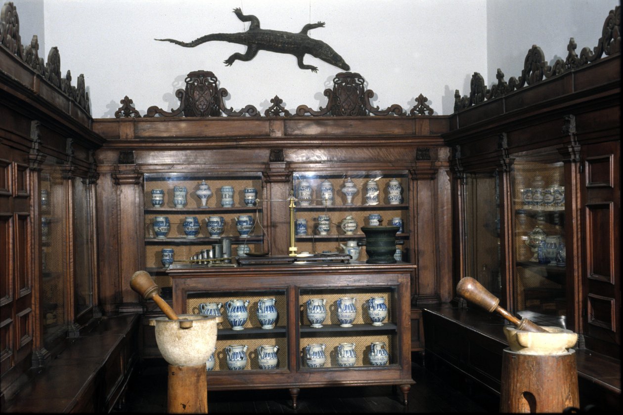 1600-luvun apteekki, maljakoita, kattiloita, laastia... Tiede- ja teknologiamuseo, Milano. tekijältä Unknown artist