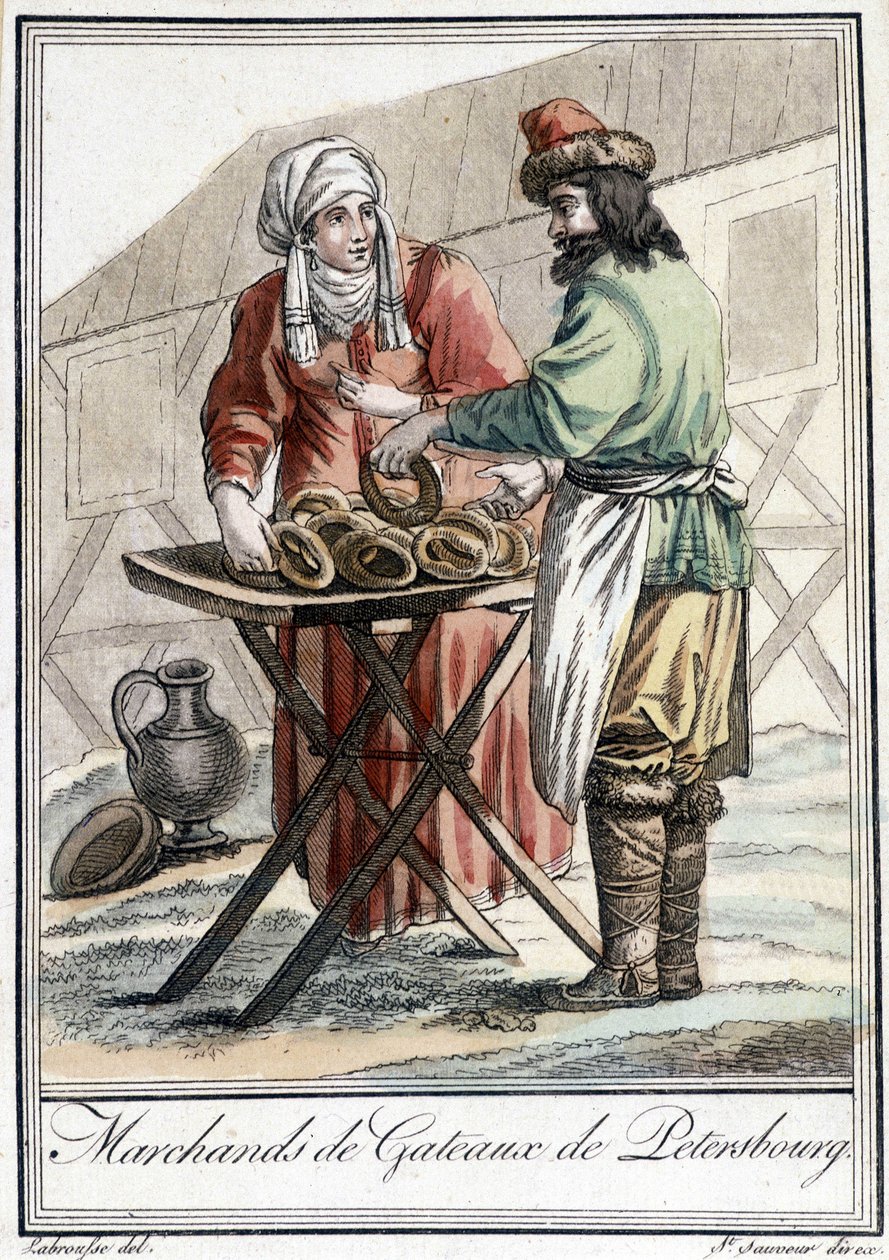 1800-luvun lautanen, joka edustaa venäläistä miestä, kakkukauppiasta Pietarissa. tekijältä Unknown artist