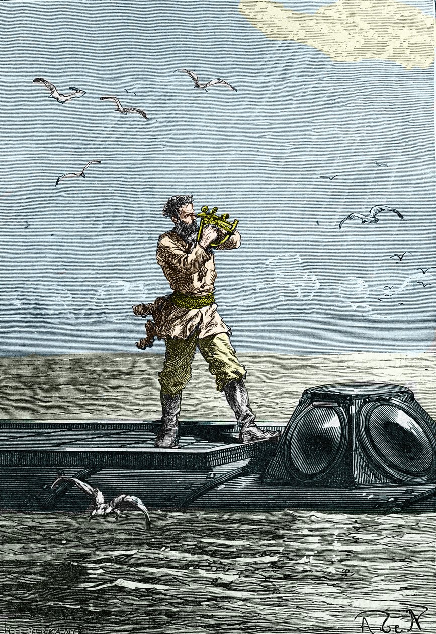 20 000 liigaa meren alla. Kapteeni Nemo sukellusveneellä "Nautilus". Kuvitus Jules Vernen romaanista "Kaksikymmentä tuhatta liigaa meren alla" (20 000 - 20 000 - 20 000) tekijältä Unknown artist