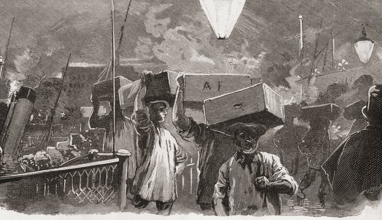 klo 5 aamulla Billingsgaten kalamarkkinoilla, Lontoossa, Englannissa 1800-luvulla. tekijältä Unknown artist