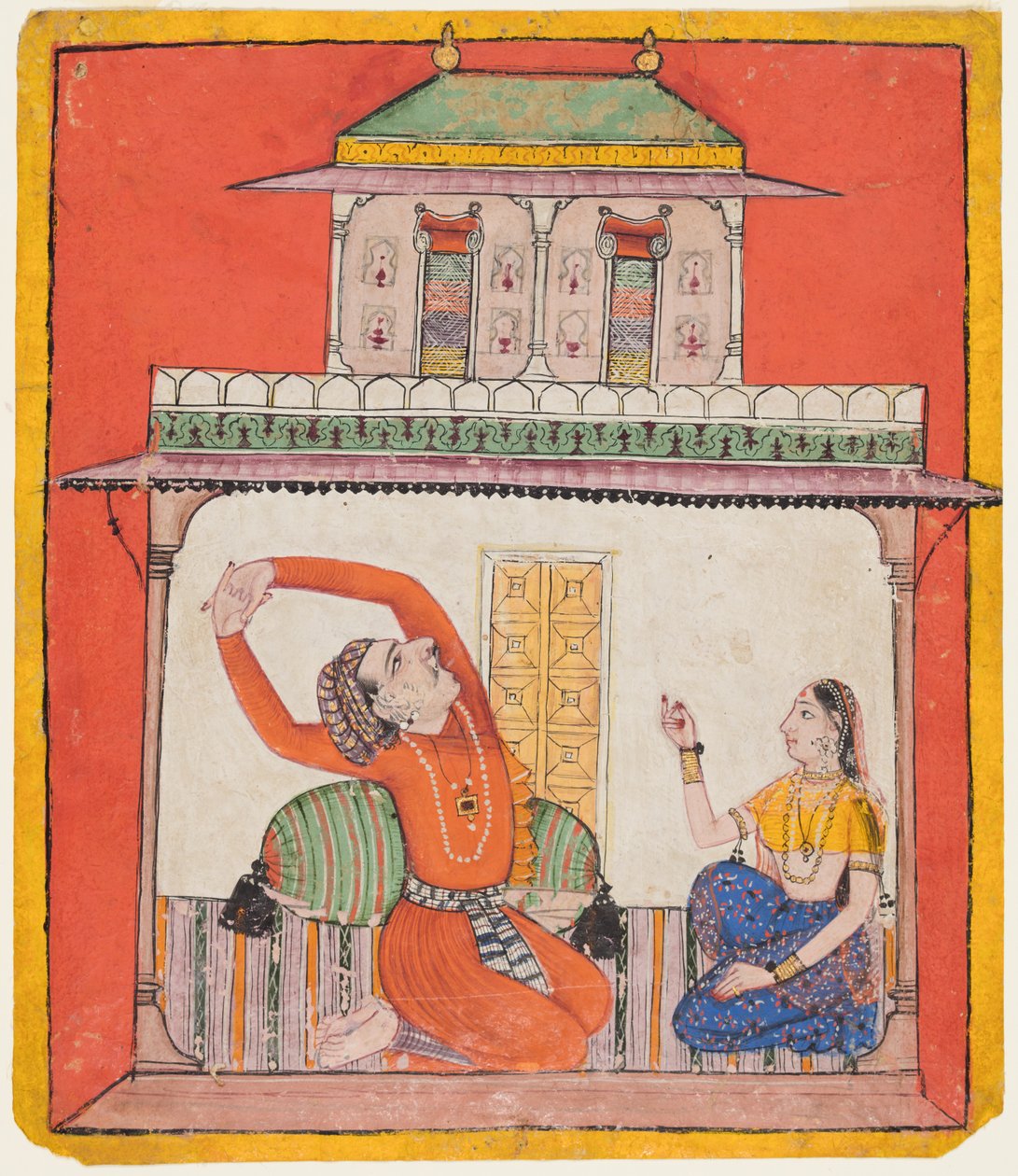 Pariskunta kammiossa aikaisin aamulla: Shrin Vighada Ragaputra, Chamba Ragamalassa tekijältä Unknown artist