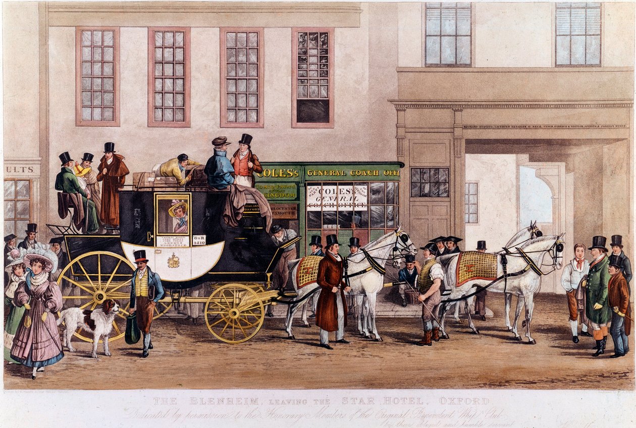 A Diligence Star-hotellin edessä”” Oxfordissa vuonna 1831”” Kaiverrus 1800-luvulta. tekijältä Unknown artist