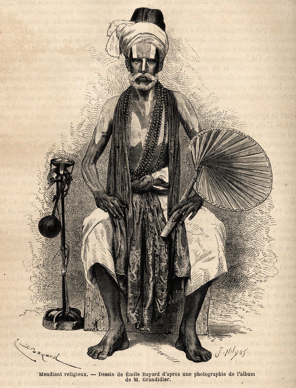 Hindu uskonnollinen kerjäläinen. Kaiverrus havainnollistamaan matkaa Intian pituuspiiriprovinsseissa, Alfred Grandidier, 1862-1864, julkaistu "" Le tour du monde""" 1869, toimittanut Edouard Charton, painos Hachette, Paris. Selva Collection. tekijältä Unknown artist