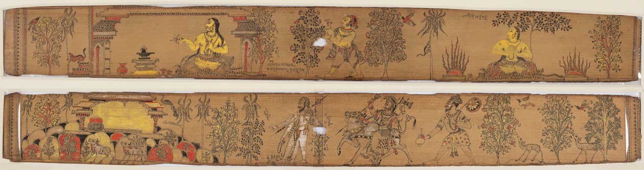 Prinssi suorittaa säästötoimia (recto); Shiva ja hänen seuraajansa palaavat Kailash-vuorelle (verso), Chandrabhanun ja Lavanyavatin romanssista Upendra Bhanjasta (1670–1740) tekijältä Unknown artist