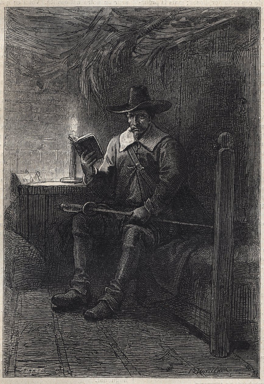 A Scottish Puritan - 1800-luvun kuvitus Walter Scottin (1771-1832) historialliseen romaaniin "The Puritans of Scotland" (Old Mortality) tekijältä Unknown artist