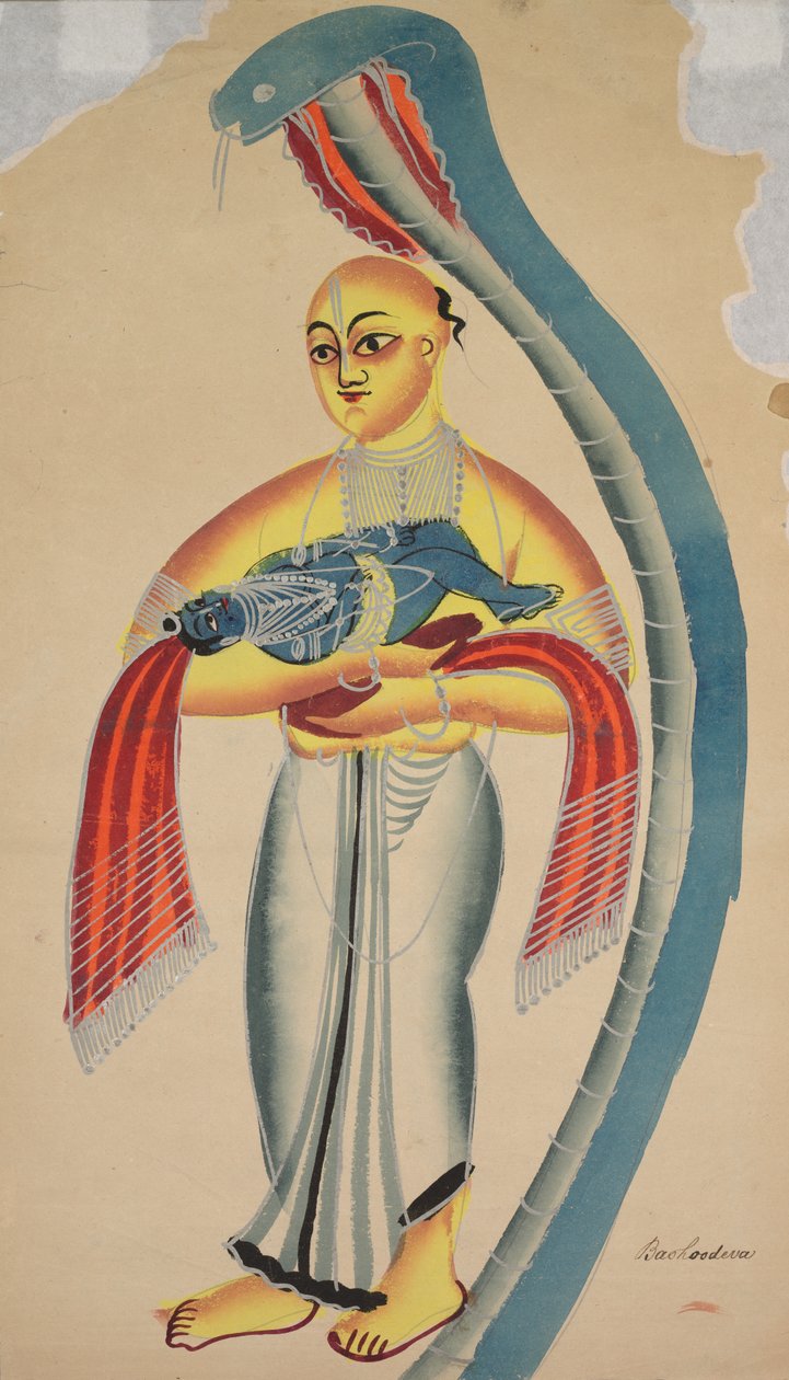 Käärme suojelee Vasudevaa viemässä poikansa Krishnan turvaan tekijältä Unknown artist