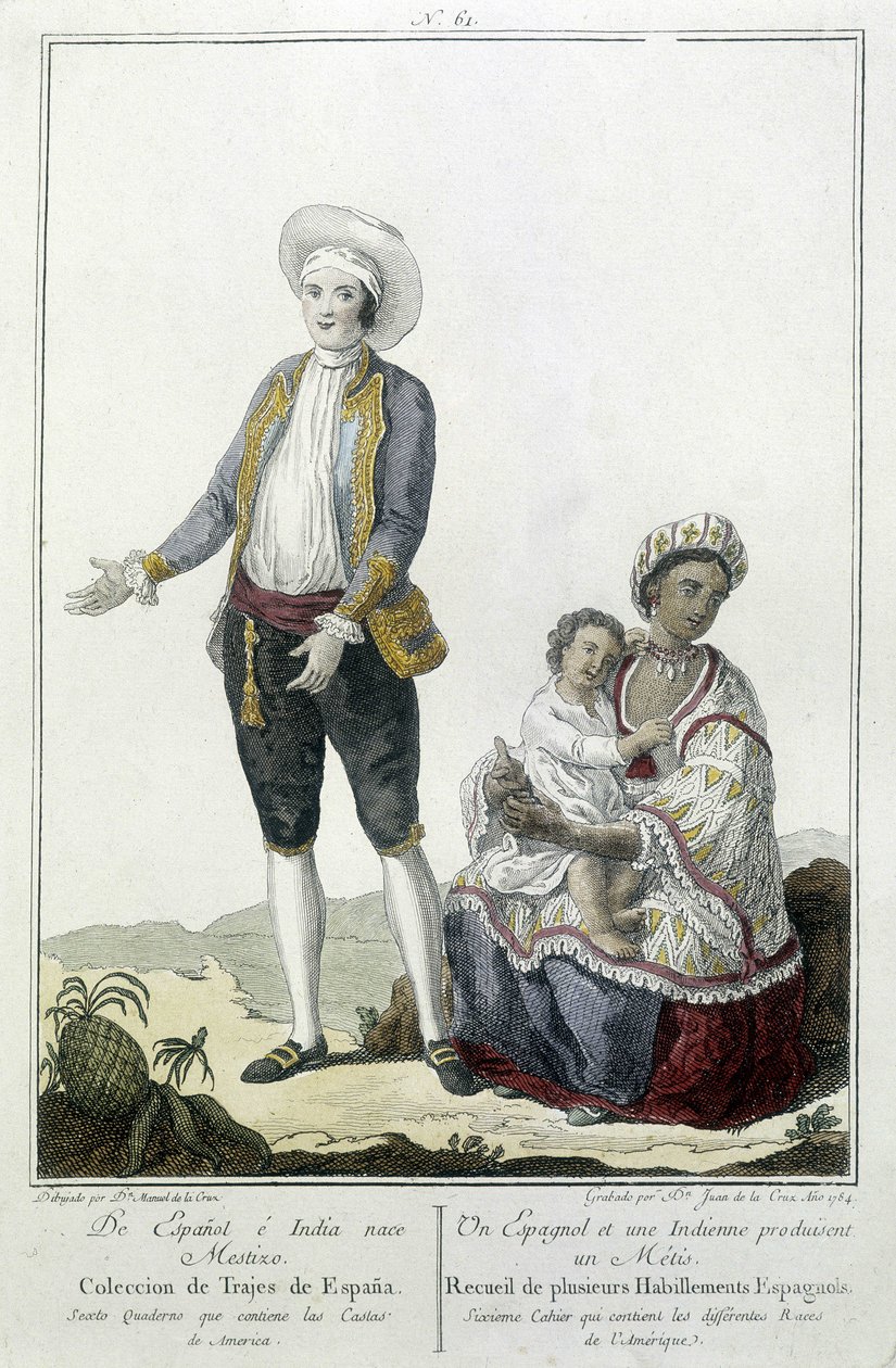 Espanjalainen ja intialainen synnyttävät Métis -kaiverruksen tekijältä Unknown artist