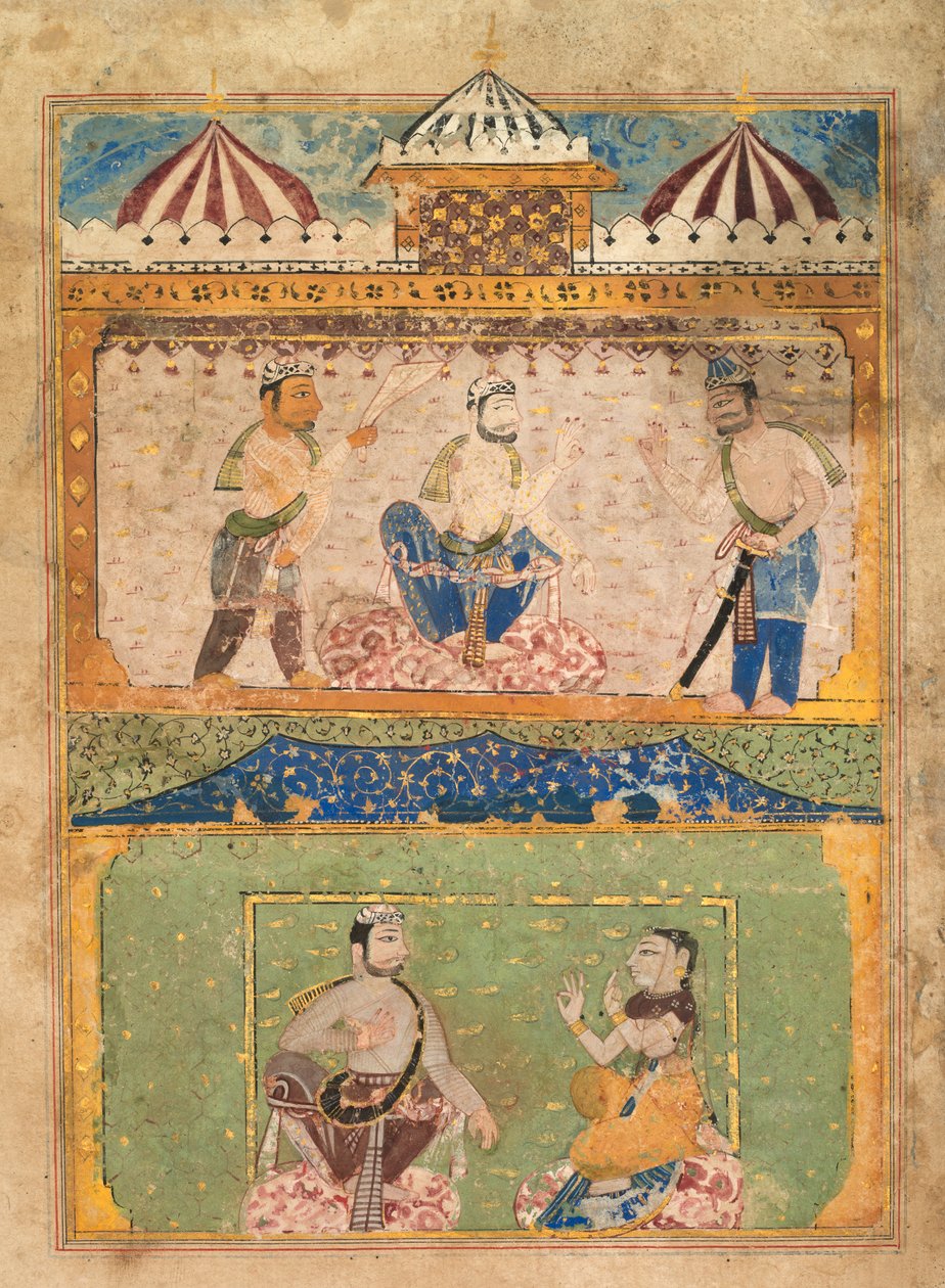 Matkustaja suostuttelee Lorikin palaamaan kotiin (ylhäällä); Chanda Objects (alhaalla), Chandayanasta (Chandan tarina) tekijältä Unknown artist