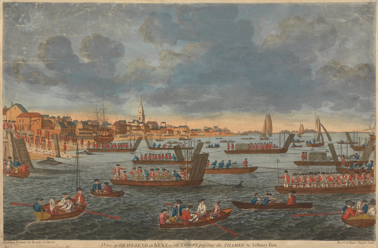 Näkymä Gravesendiin Kentissä, ja joukot ohittavat Thamesin Tilburyn linnakkeelle tekijältä Unknown artist