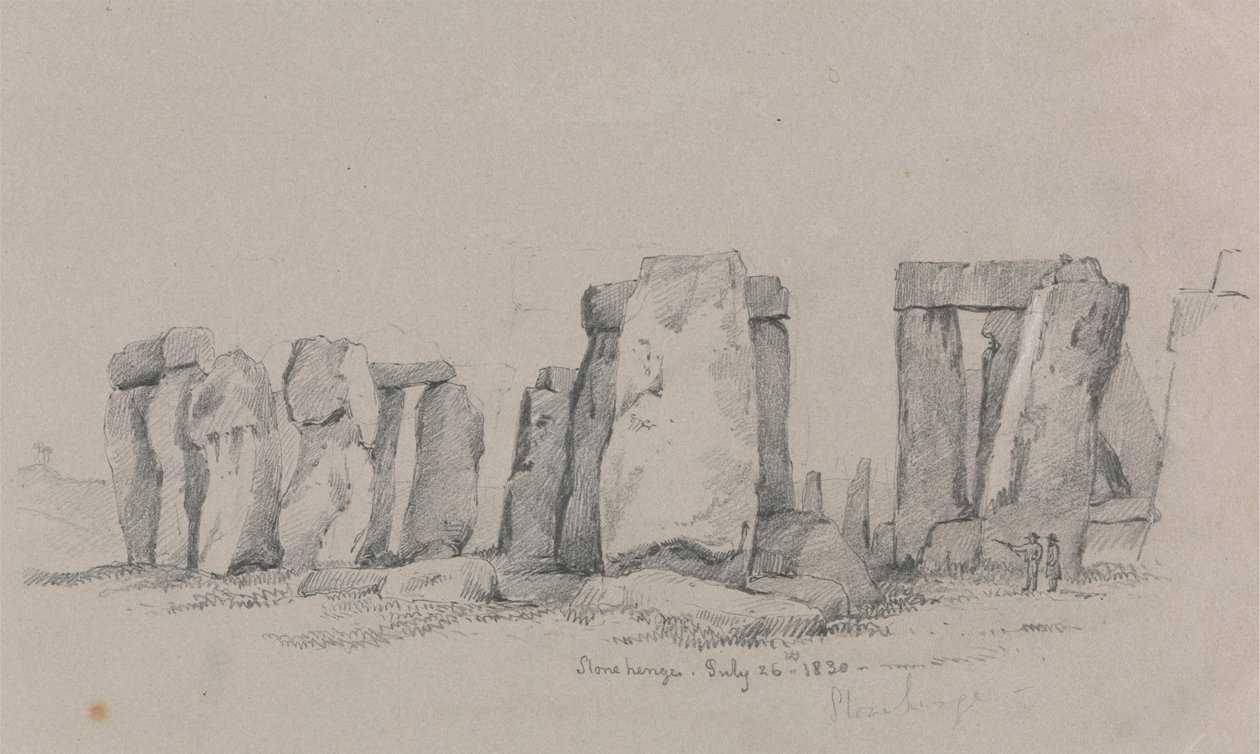 Näkymä Stonehengestä kahdella hahmolla etualalla tekijältä Unknown artist