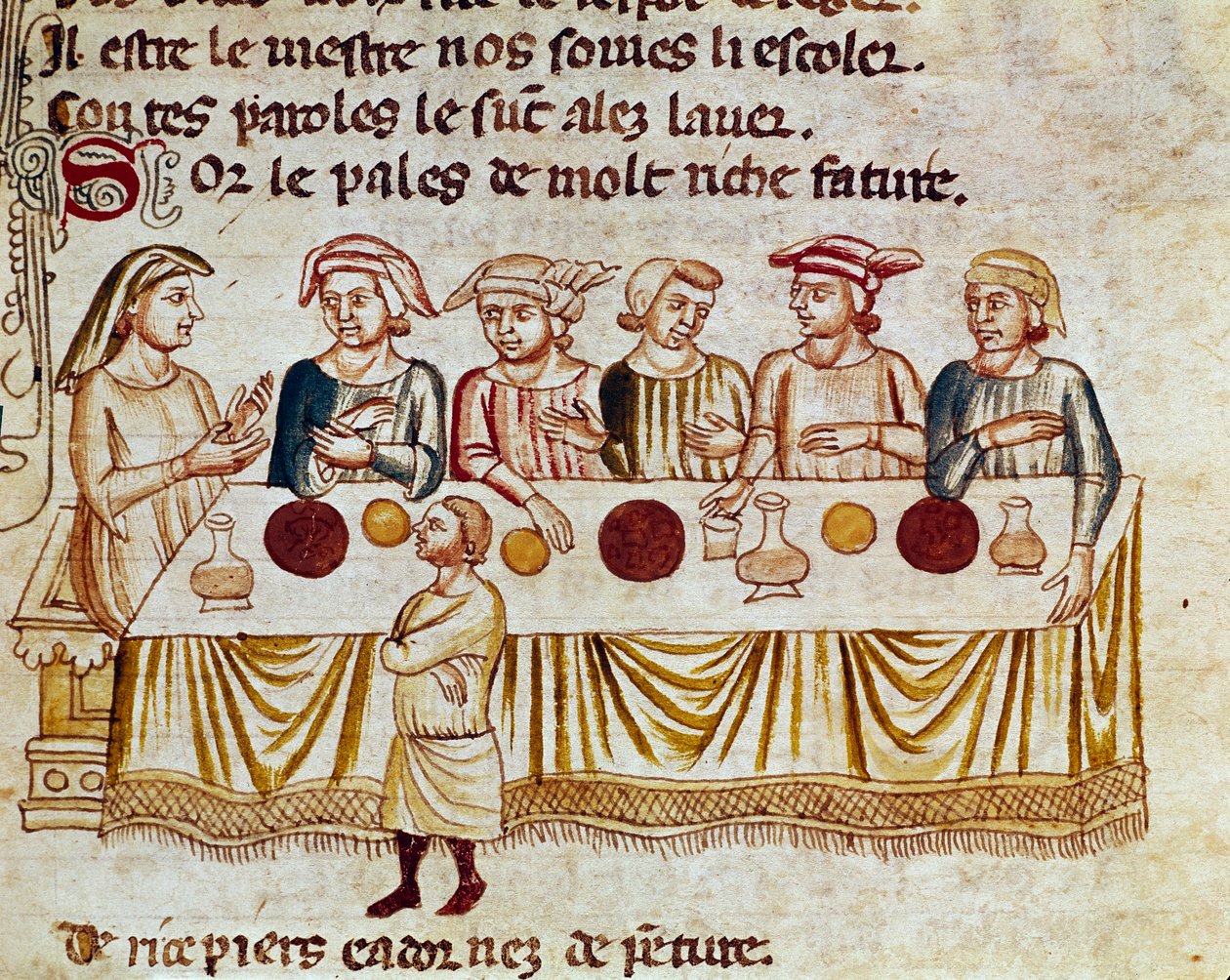 Juhlakohtaus: kuningas ja hänen vieraan pienoiskuva elokuvasta "Entree of Spain". 1300-luvun Venetsia, Biblioteca Marciana. tekijältä Unknown artist