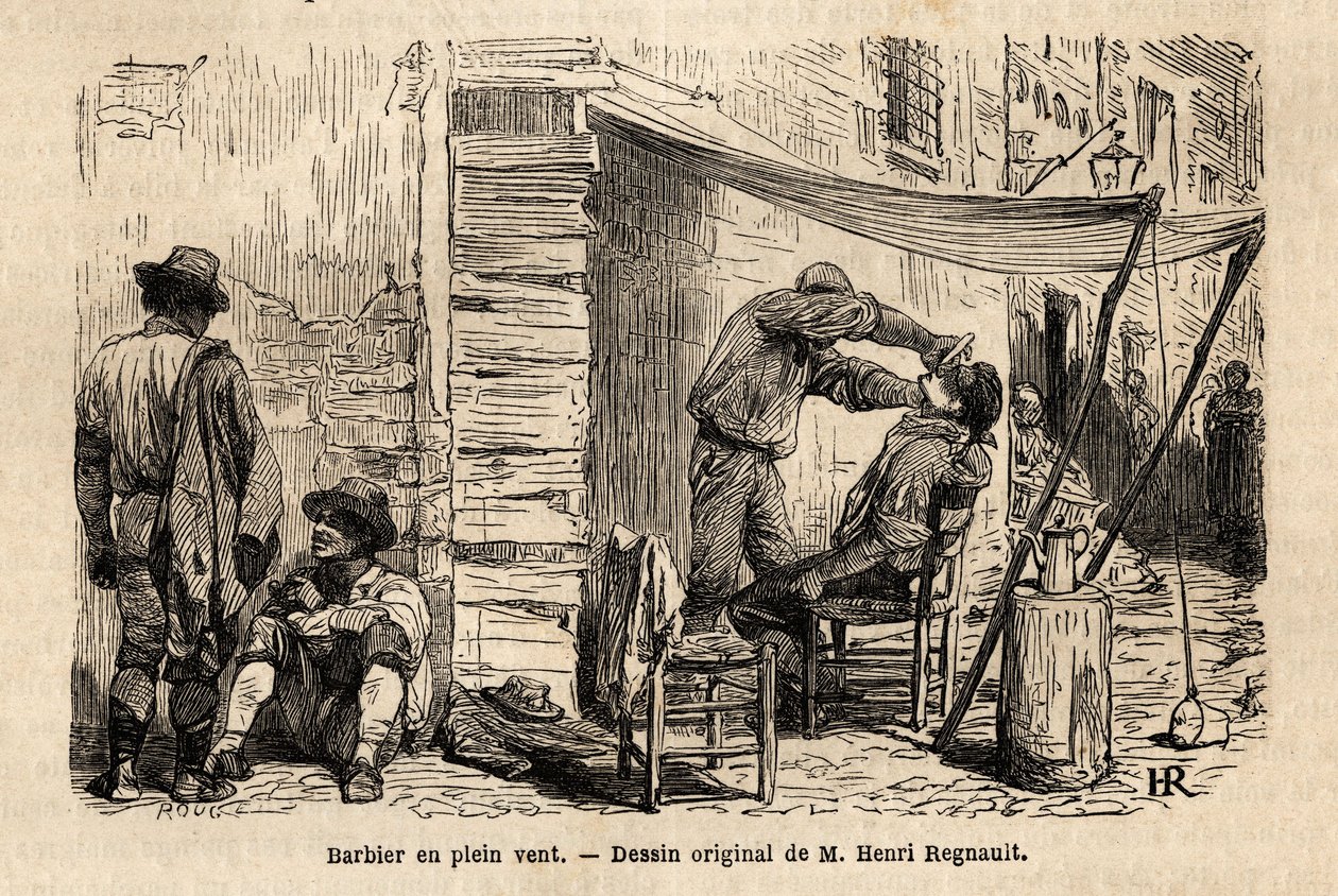 Parturi tuulessa Rooman kaduilla. Kaiverrus havainnollistamaan matkaa Roomaan, Francis Wey, vuosina 1864-1868, julkaistu "Le tour du monde, nouveau journal des voyages" -lehdessä Edouard Chartonin johdolla. tekijältä Unknown artist