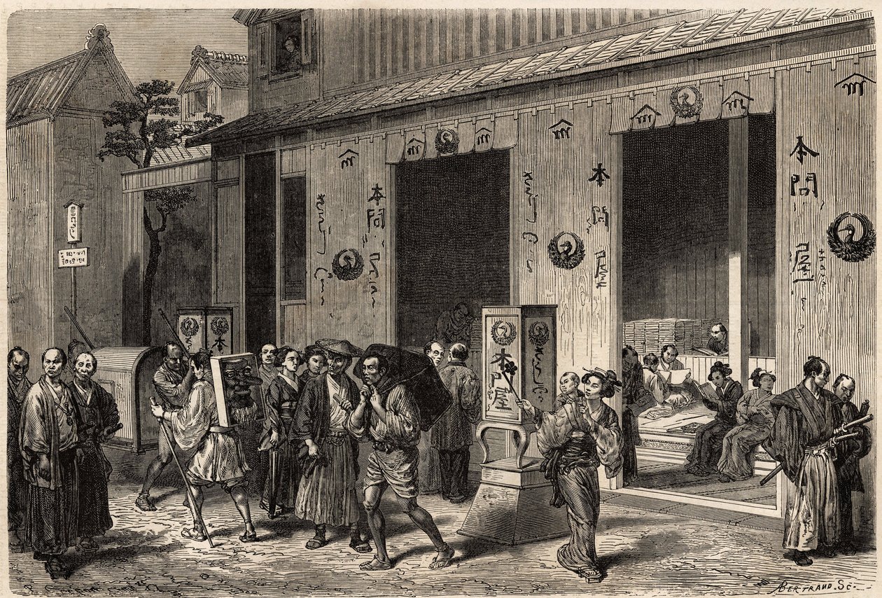 Kirjakauppa, jossa on kasoja kirjoja ja lukijoita, Yedossa (tai Edossa, nykyisessä Tokiossa), avattiin vilkkaalle kadulle. Kaiverrus havainnollistamaan matkaa Japaniin vuosina 1863-1864, Sveitsin valaliiton ministeri Aime Humbert teoksessa "Le tour du mond tekijältä Unknown artist
