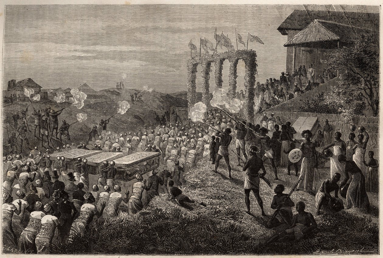 Morsiuskortegio Tetessä (Mosambik). Kaiverrus havainnollistamaan tohtori Livingstonen ensimmäisiä matkoja Etelä-Afrikkaan vuosina 1840–1856 Edouard Chartonin johdolla julkaistussa "Le tour du monde, nouveau journal des voyages" -julkaisussa tekijältä Unknown artist
