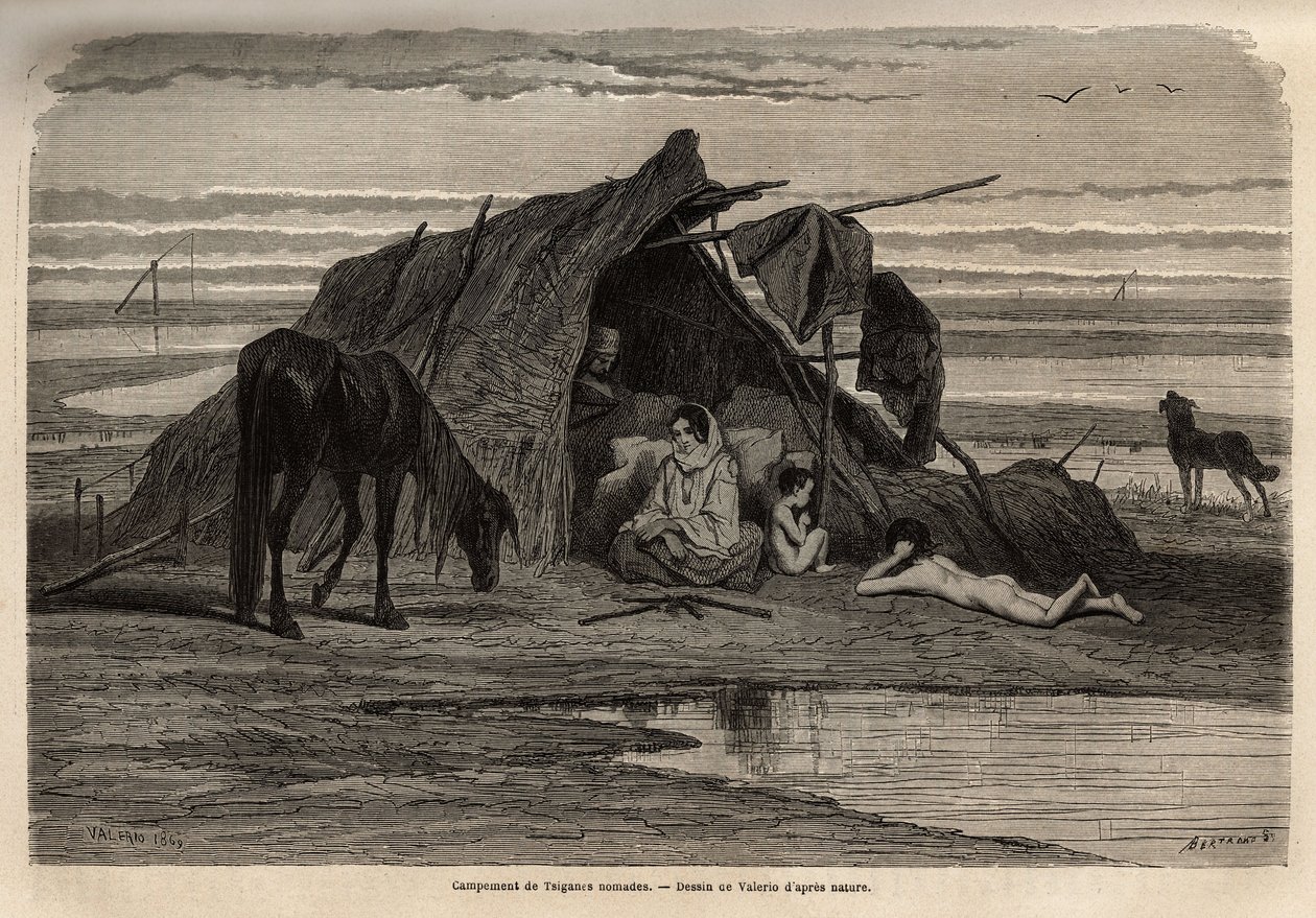 Nomadisten mustalaisten leiri Pohjois-Bosnian tasangoilla. Georges Perrotin kaiverrus havainnollistamaan muistoja eteläslaavien matkustamisesta, vuonna 1868, julkaistu "" Le tour du monde"" 1870-1871, toimittanut Edouard Charton, painos Hachette, Pari tekijältä Unknown artist
