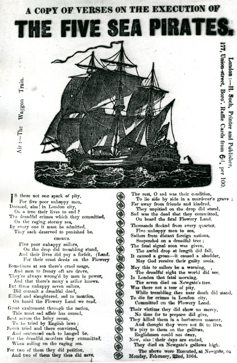 Kopio säkeistä viiden merirosvon teloituksesta, n. 1864 tekijältä Unknown artist