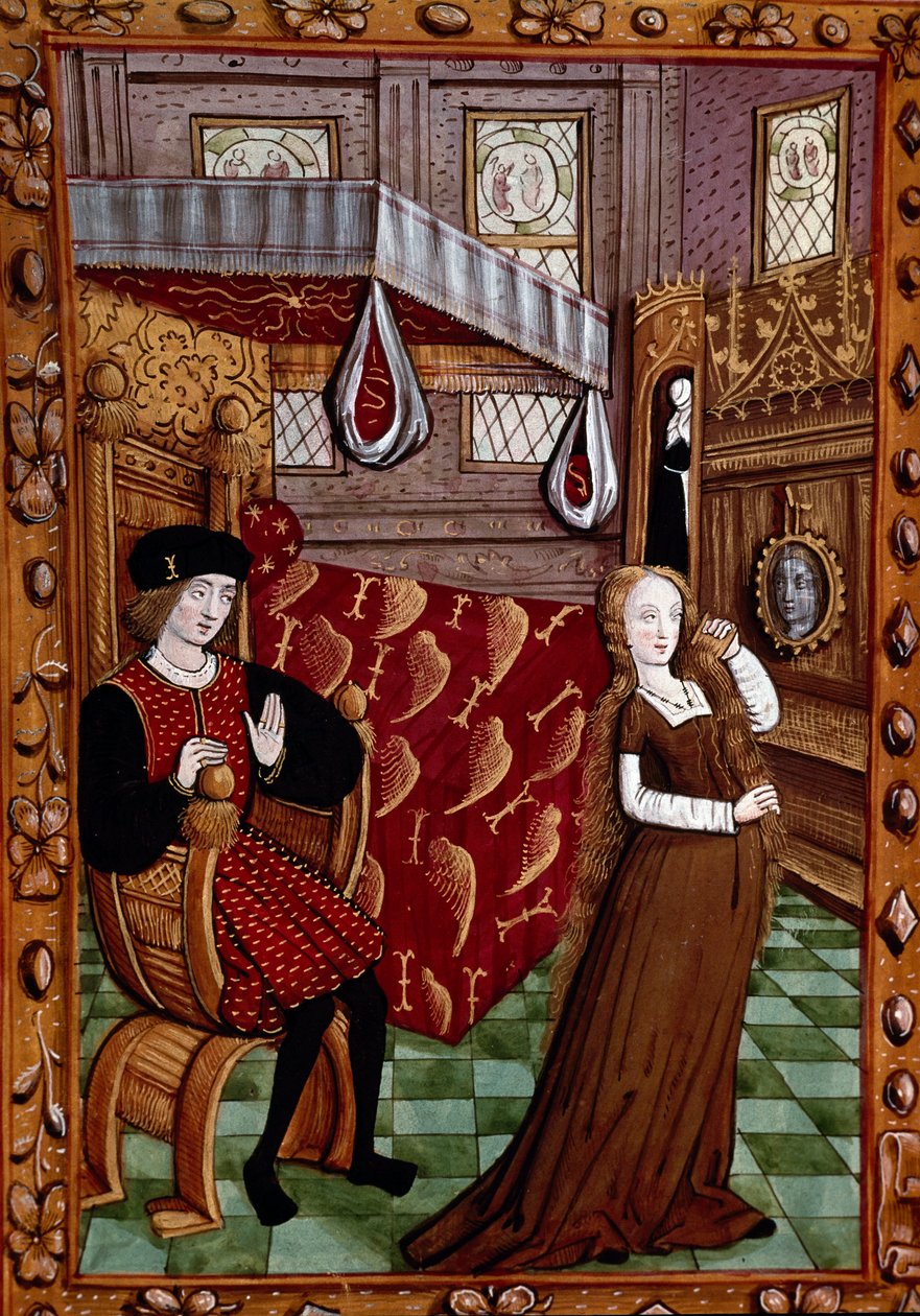 Pariskunta makuuhuoneessa, nainen pukeutuu Miniatyyriin "Histoire de Jean III de Brush et de pojan vaimo Louise de Laval" (ms. 1475, fol. 6r) Chantilly, Musee Conde tekijältä Unknown artist