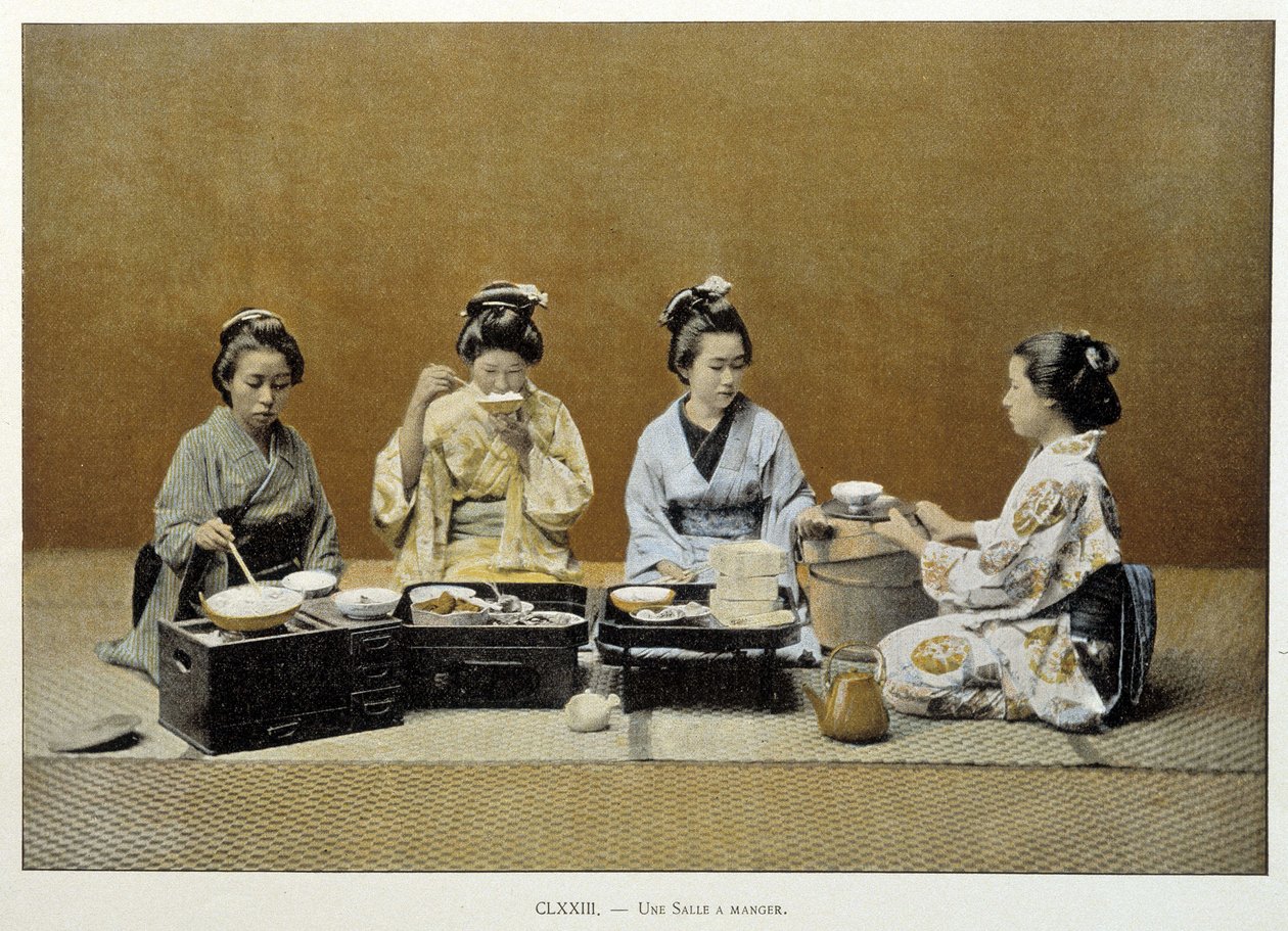 Ruokasali Japanissa: naiset syömässä riisiä puikoilla ja yksi heistä tarjoilemassa teetä - n.d. 1800-luvun lopulla tekijältä Unknown artist