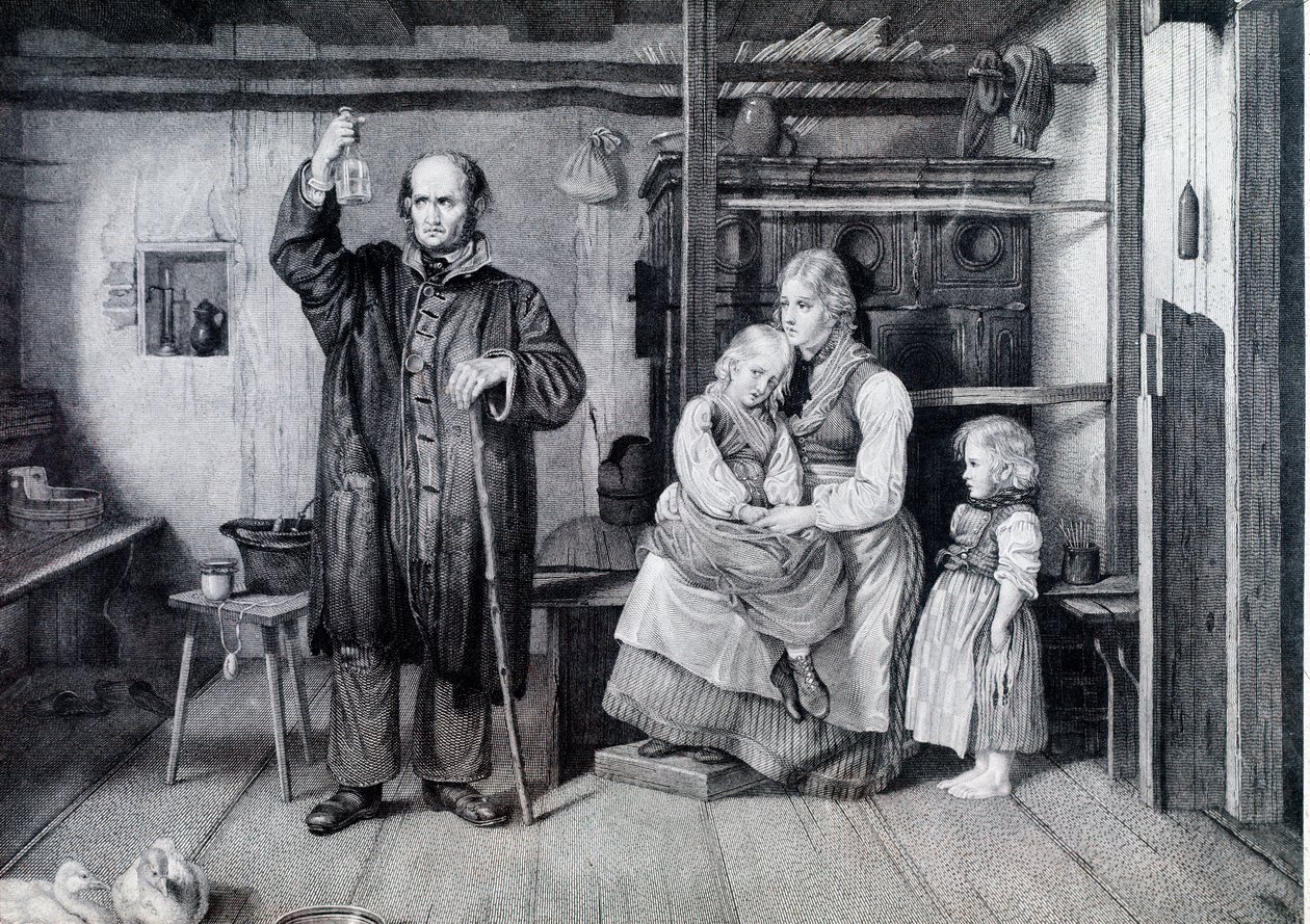 Lääkäri tutkii pullon, luultavasti virtsapullon, käydessään äidin ja hänen kahden lapsensa luona köyhyydessä (kaiverrus) tekijältä Unknown artist