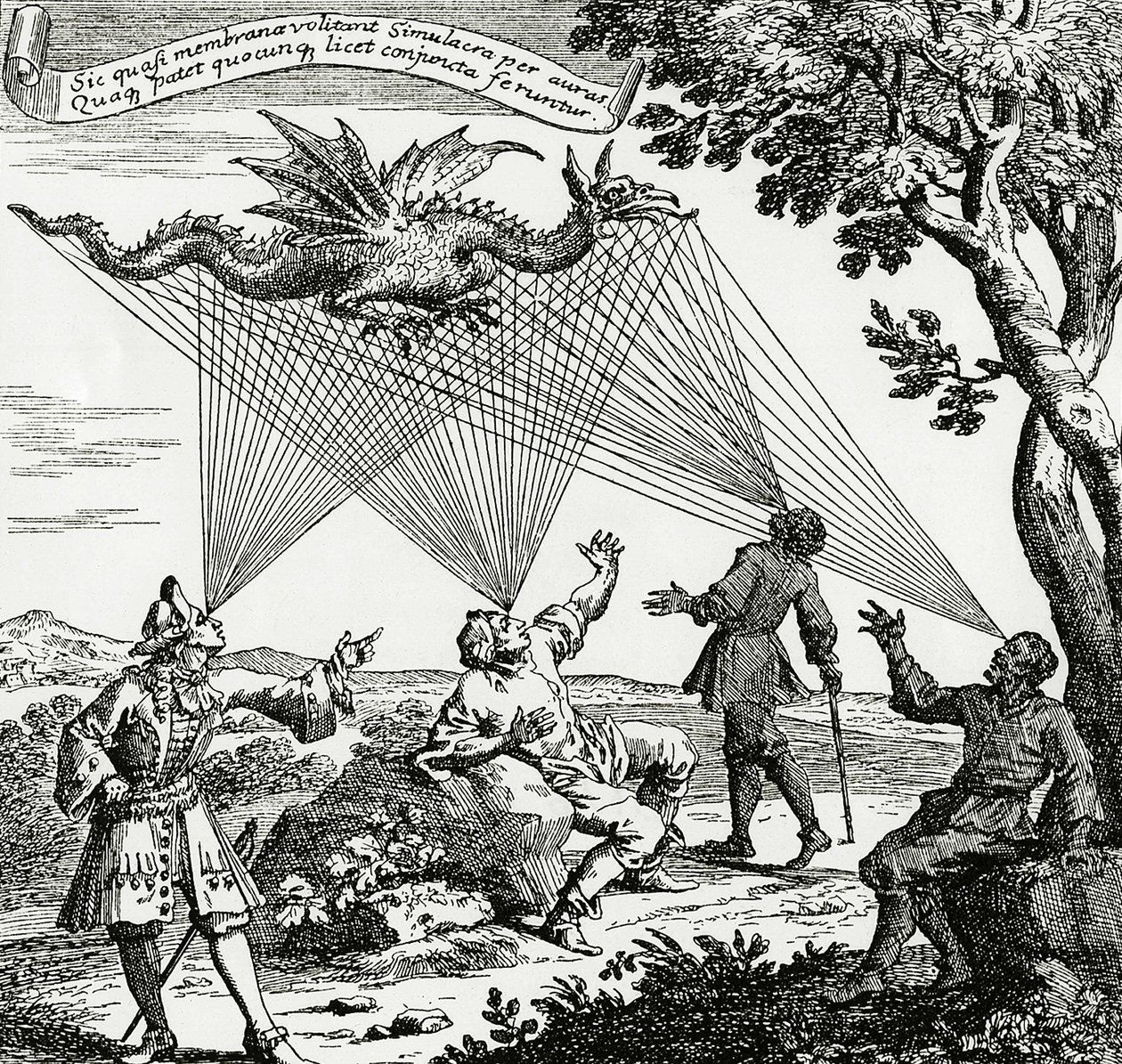 Lohikäärme nähtynä eri näkökulmista, joka perustuu Zahnin "Oculus mesterségesis teledioptricus" -teoksesta tehtyyn kuparikaiverrukseen. tekijältä Unknown artist