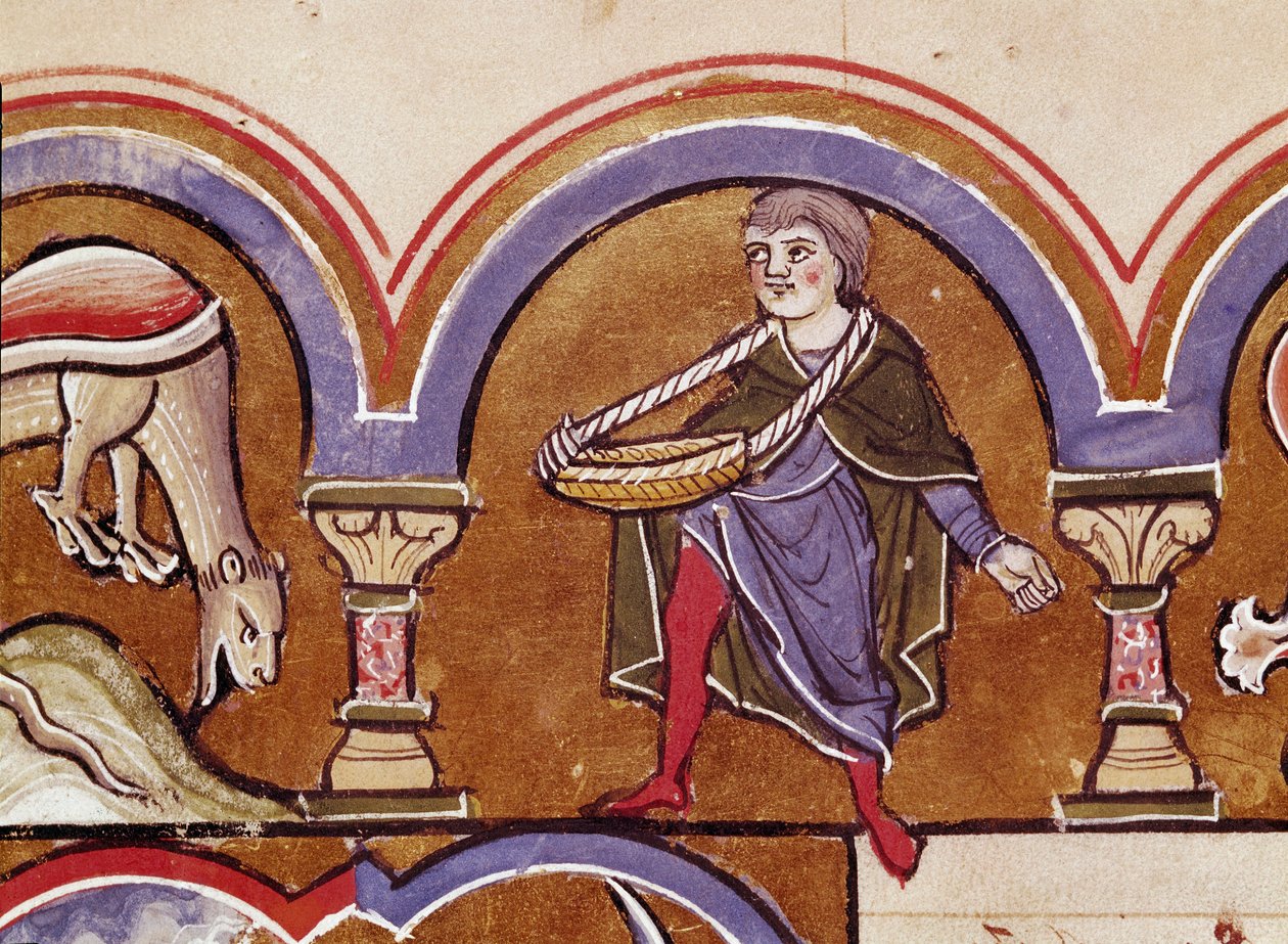 Viljaa kylvävä maanviljelijä Yksityiskohta käsikirjoitussivusta, joka on piirretty "" Pyhän Elisabetin psalterista"" 1200-luvun Cividale, Museo Archeologico tekijältä Unknown artist