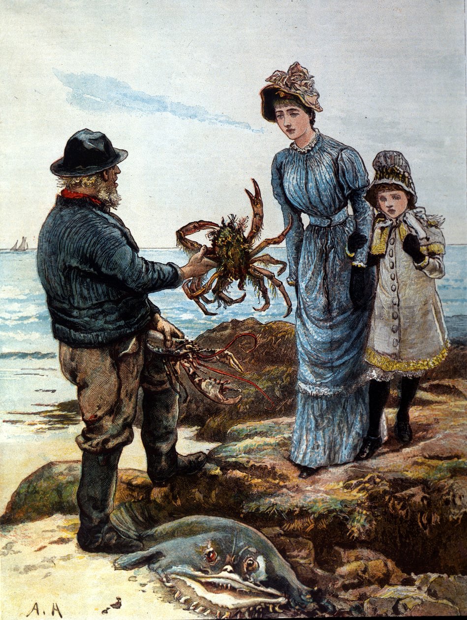Kalastaja näyttää äidille ja tyttärelle ison rapun. tekijältä Unknown artist