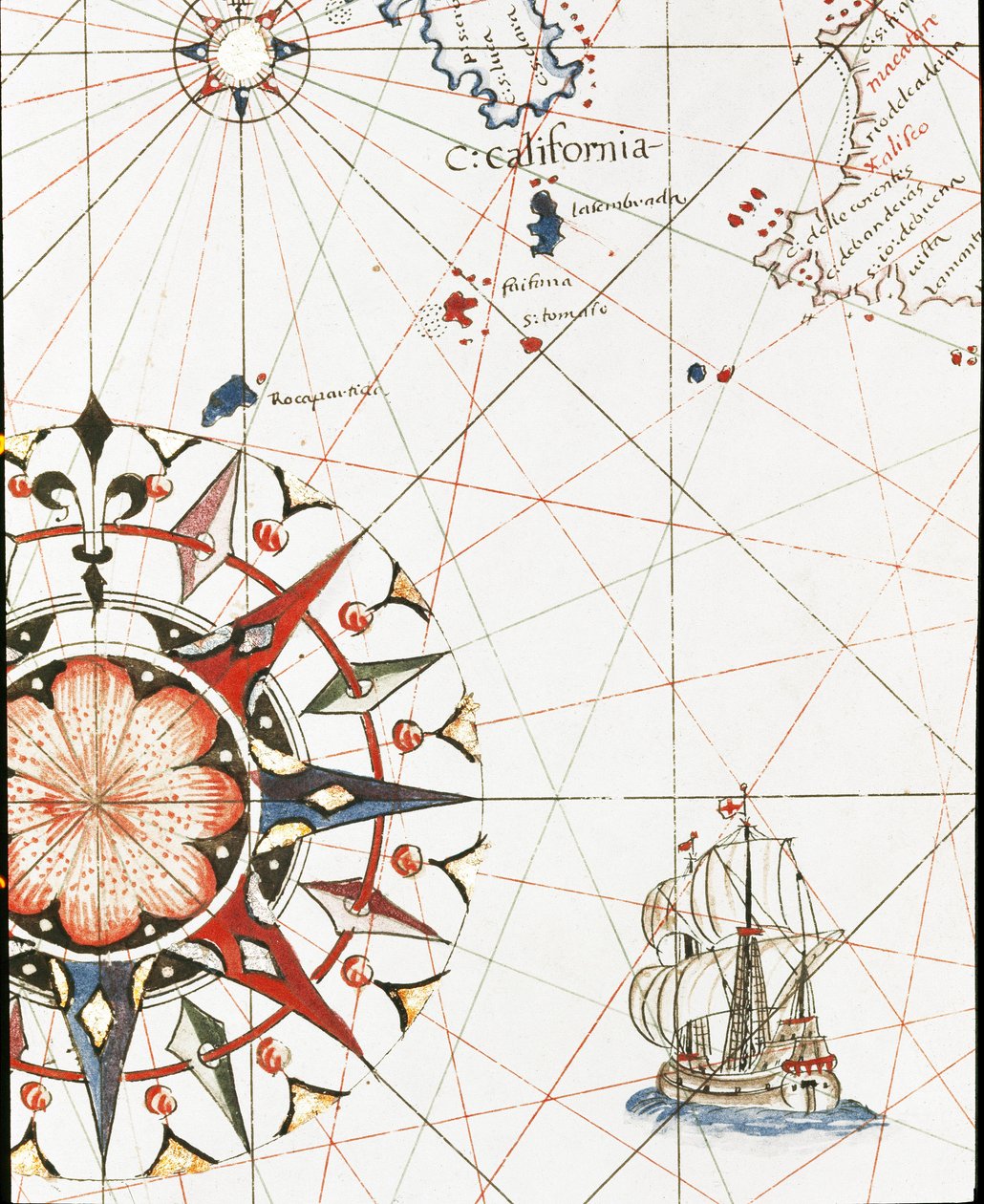 Galleon, joka purjehtii Kalifornian rannikolla (Castellinin portulanin yksityiskohta tekijältä Unknown artist