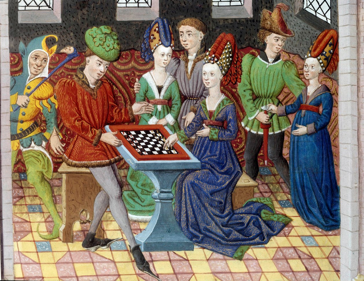 Shakkipeli kahden hovimiehen välillä linnan huoneessa. Miniatyyri otettu "" Aleksanteri Suuren historiasta"" (tai Aleksanteri III Makedonialainen (356-323 eKr.)) tekijältä Unknown artist