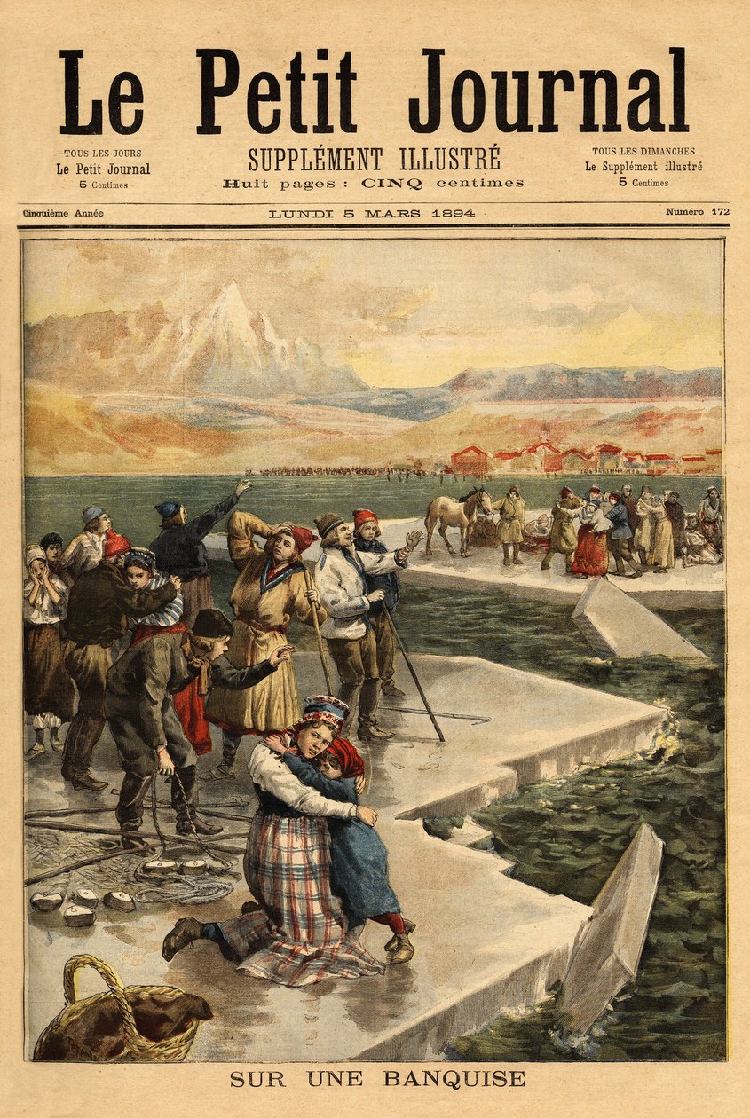 Helsingforsissa (eteläinen Suomenlahti) irtoaa mantereelta valtava jääpala, joka kuljettaa yli 500 ihmistä ja 20 hevosta avomerelle. Kaiverrus "" Le petit Journal" -julkaisussa 5/03/1894. Selvan kokoelma. tekijältä Unknown artist